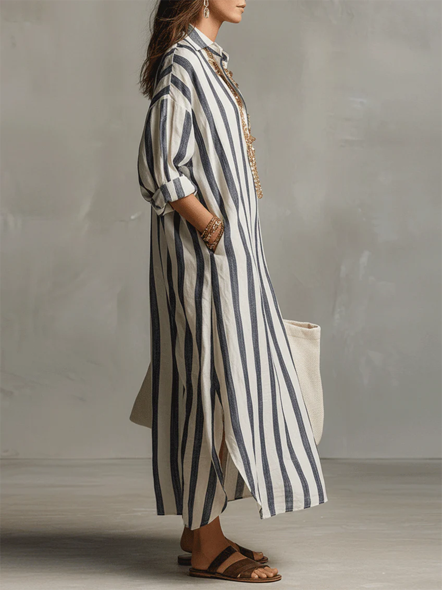 Casual And Cozy Striped Linen-cotton Dress-retrostrom