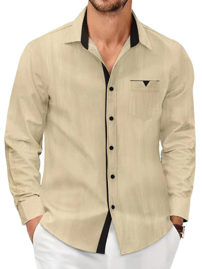 Men's cotton and linen solid color casual pocket contrast lapel long-sleeved shirt-retrostrom