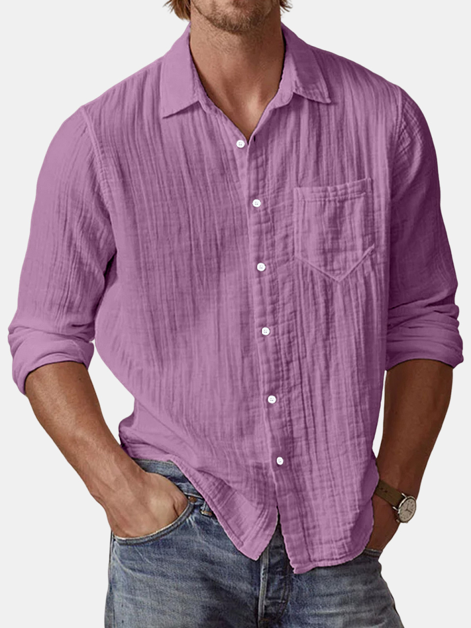 Men's Casual Textured Solid Color Comfortable Puff Wrinkle Long Sleeve Shirt-retrostrom