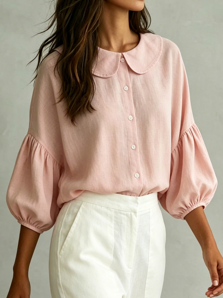 Cotton-Linen Shirt with Bell Sleeves and Peter Pan Collar