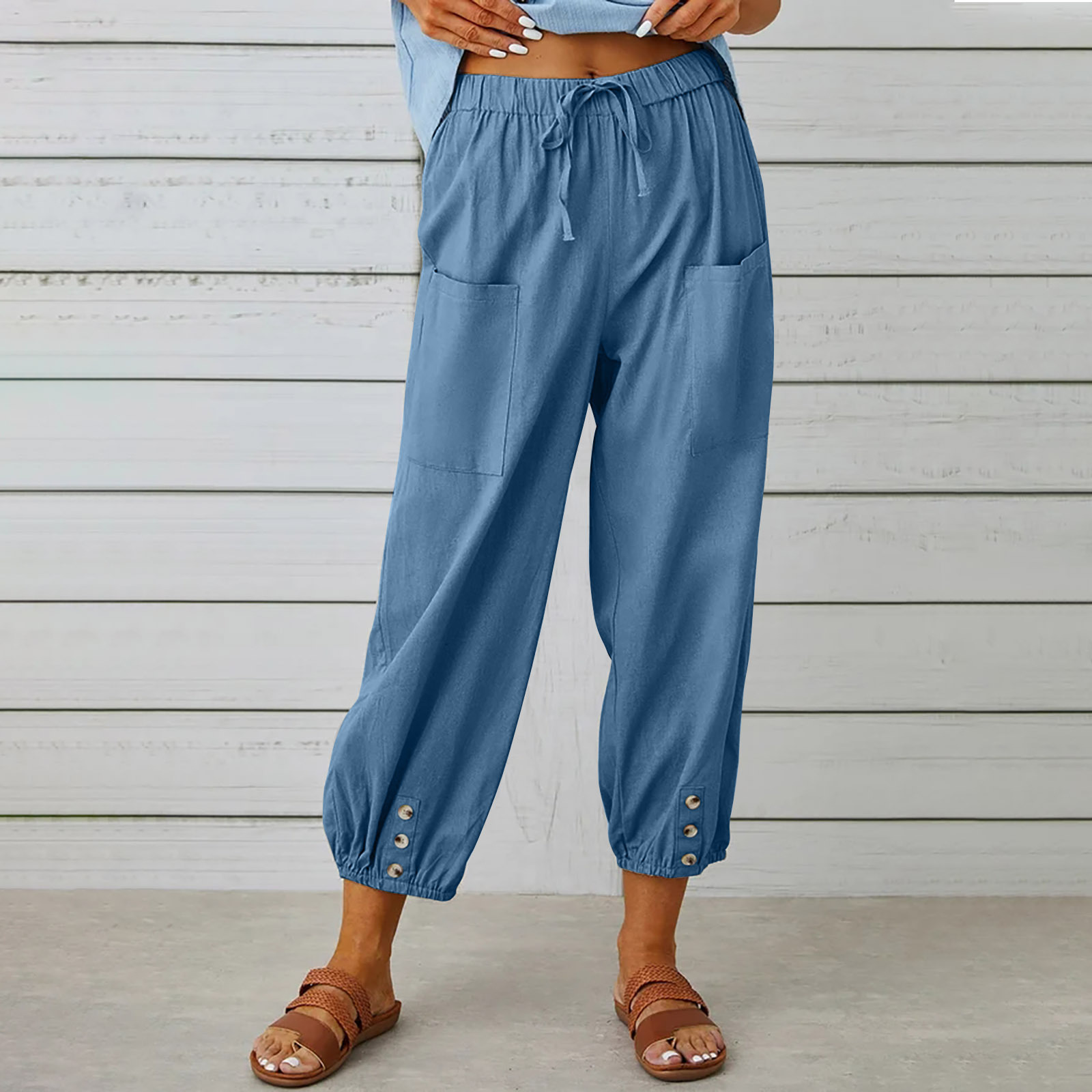 Women's pants High-waisted buttoned cotton hemp pants nine-point pants wide-legged-retrostrom