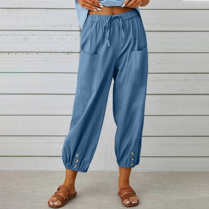 Women's pants High-waisted buttoned cotton hemp pants nine-point pants wide-legged-retrostrom