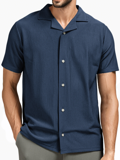 Men's Pit Stripe Pleated Cuban Collar Holiday Casual Button Short Sleeve Shirt-retrostrom