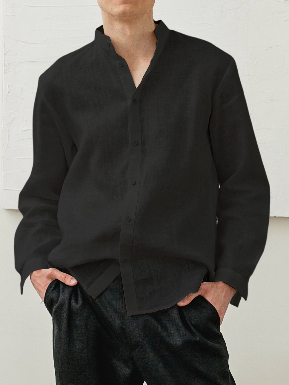 Men's Cotton And Linen Classic Casual Stand-up Collar Long-sleeved Shirt-retrostrom
