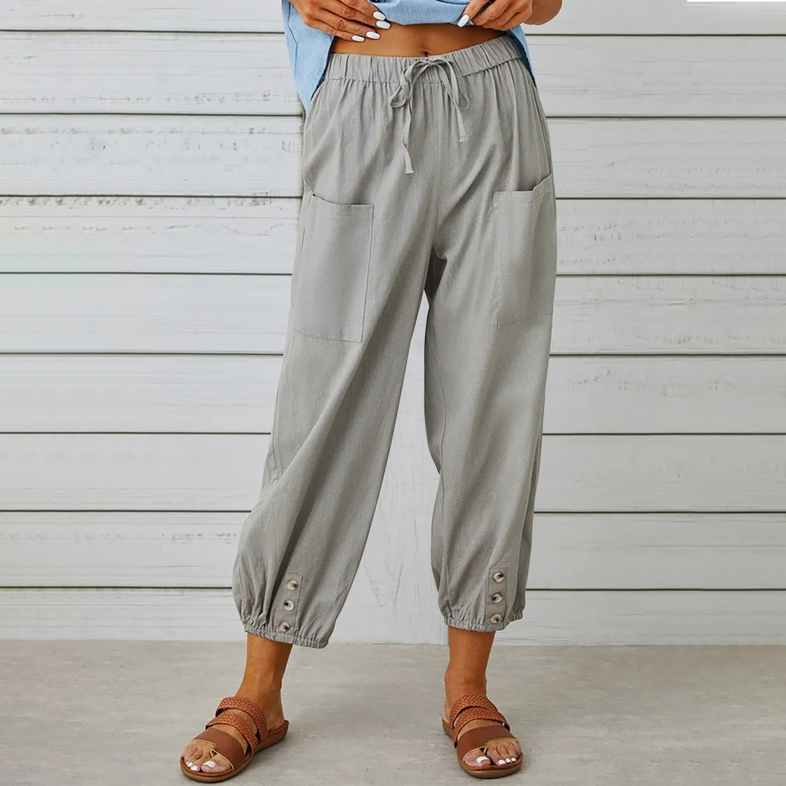 Women's pants High-waisted buttoned cotton hemp pants nine-point pants wide-legged-retrostrom