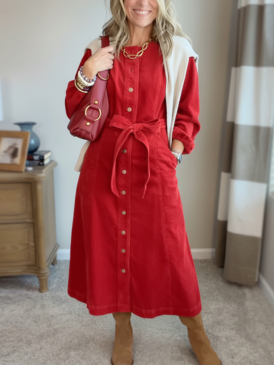 New Arrival🔥 Corduroy Shirt Dress with Tie Belt-retrostrom