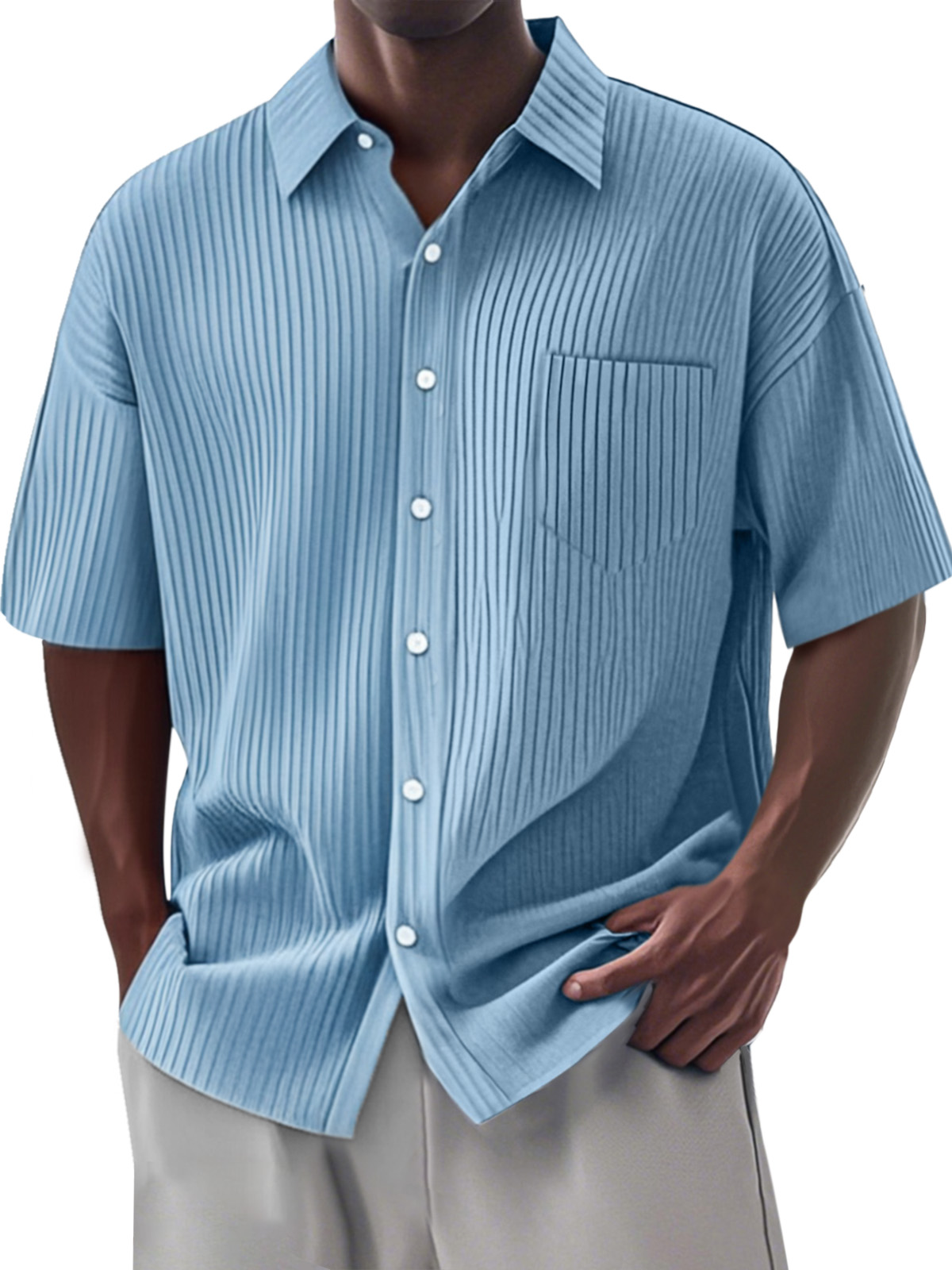 Men's Simple Daily Solid Color Vertical Pit Lapel Short-sleeved Shirt-retrostrom