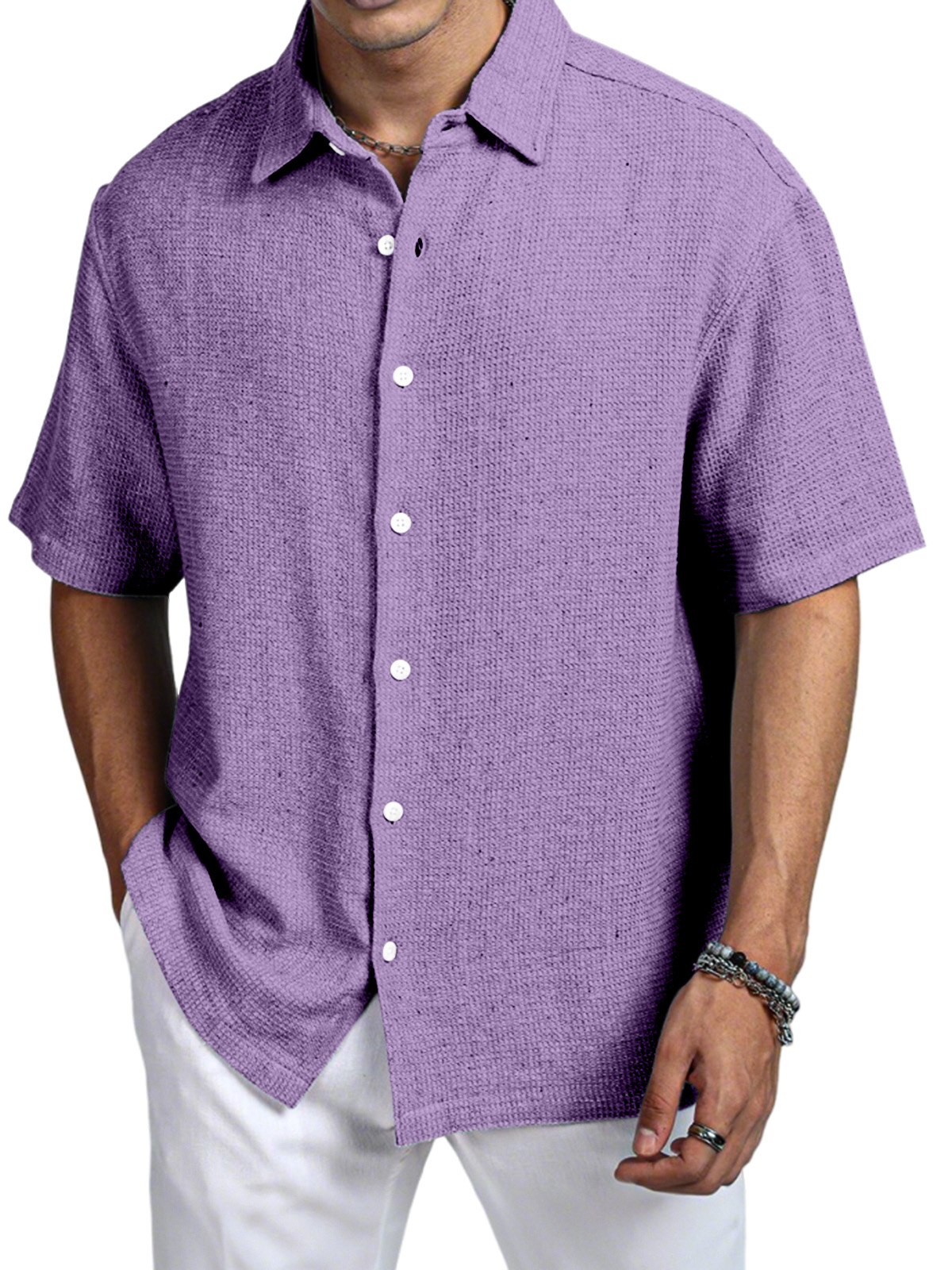 Men's Casual Daily Solid Color Texture Short-sleeved Shirt-retrostrom