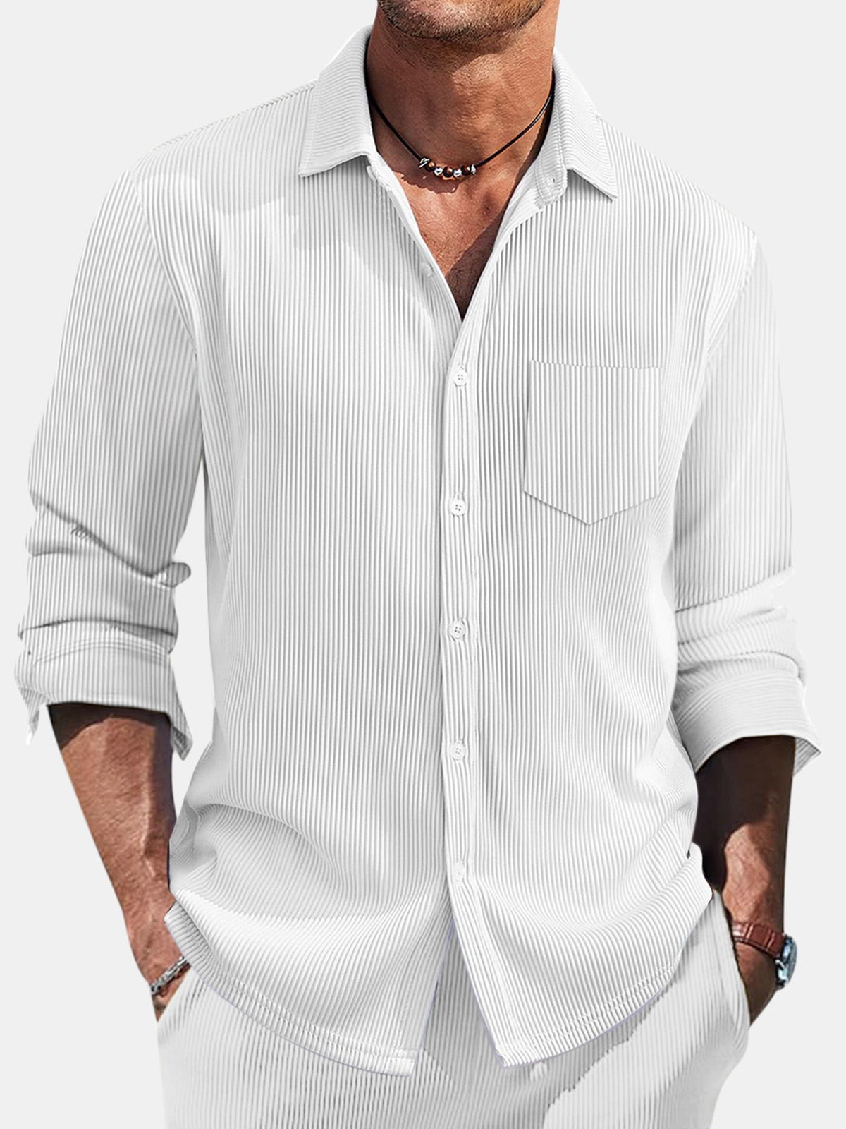Men's Casual Daily Pit Striped Solid Color Comfortable Long-sleeved Shirt-retrostrom
