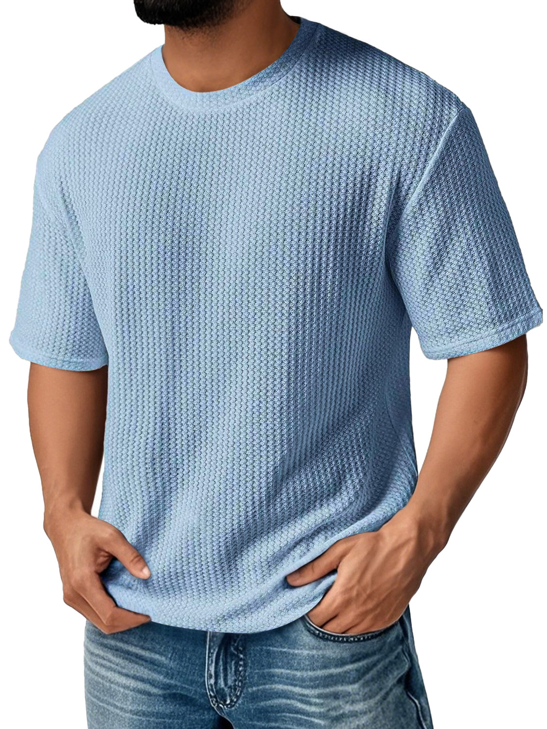 Men's Daily Round Neck Waffle Casual Solid Color Comfortable Short Sleeve T-shirt-retrostrom