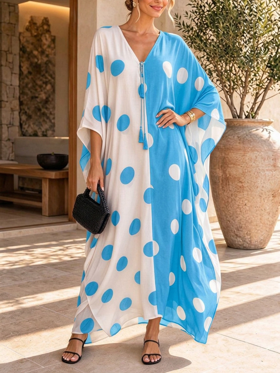 Black White Contrast Polka Dot Kaftan Maxi Dress