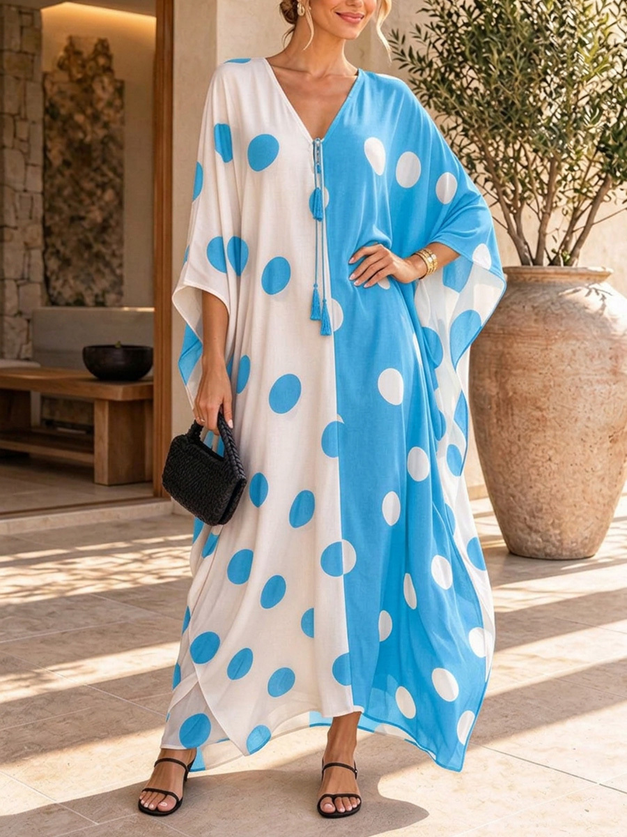 Black White Contrast Polka Dot Kaftan Maxi Dress