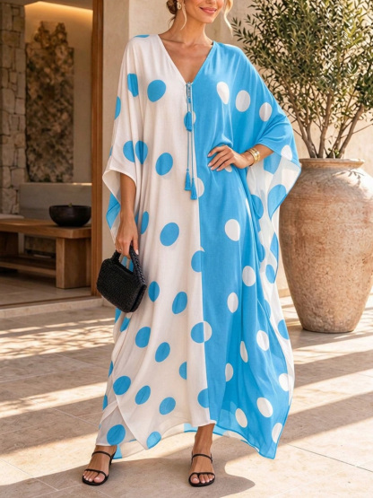 Black White Contrast Polka Dot Kaftan Maxi Dress