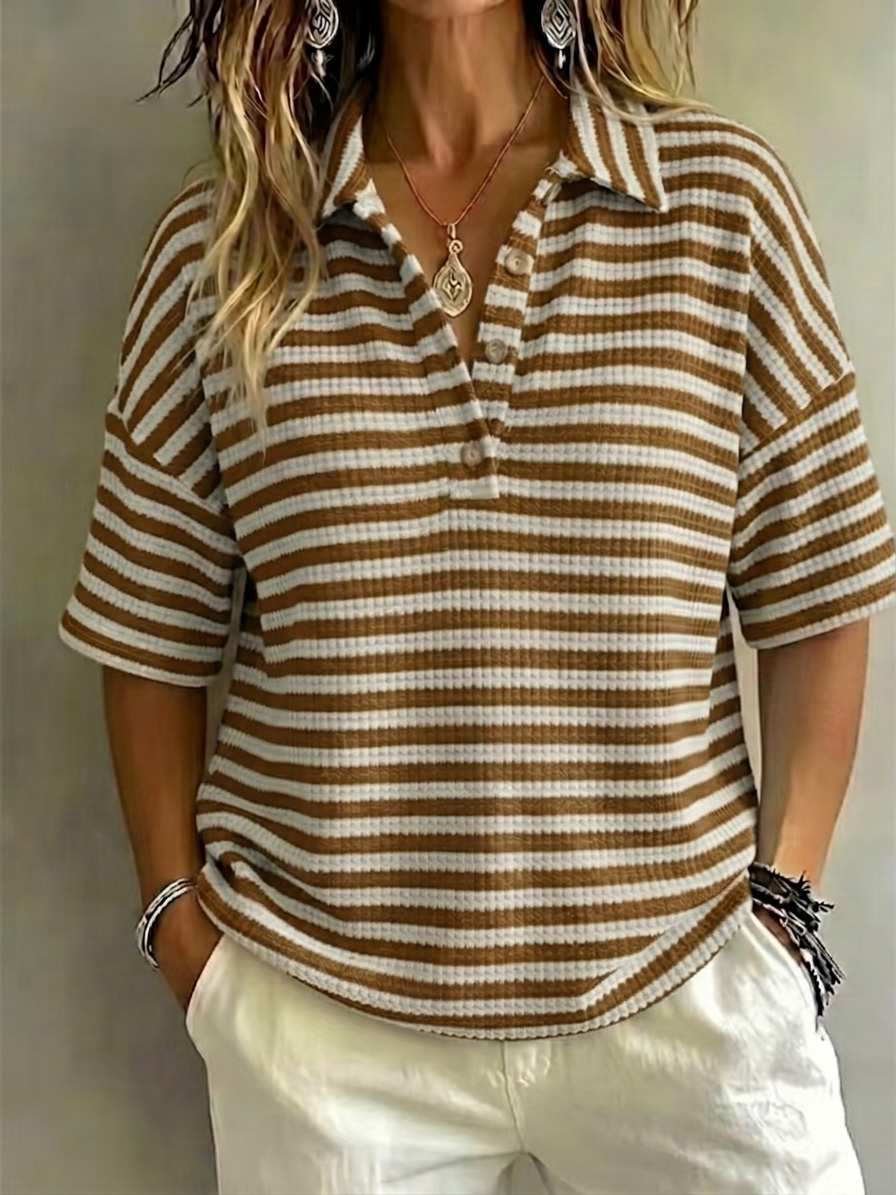 New Arrival 🔥Women'S Fashion Striped Waffle Short-Sleeved Polo Shirt