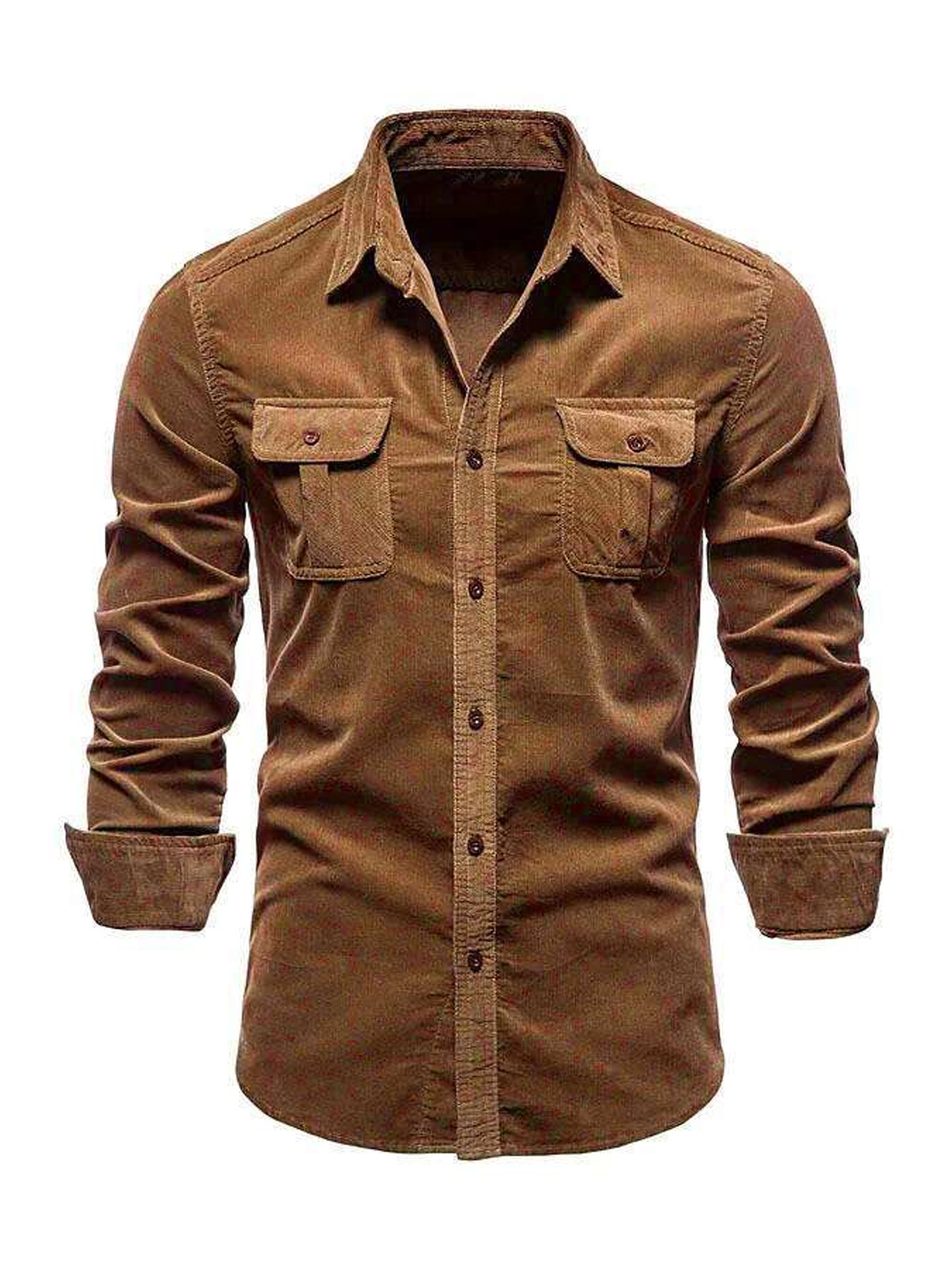 Men's Casual Corduroy Double Pocket Solid Color Long Sleeve Shirt-retrostrom