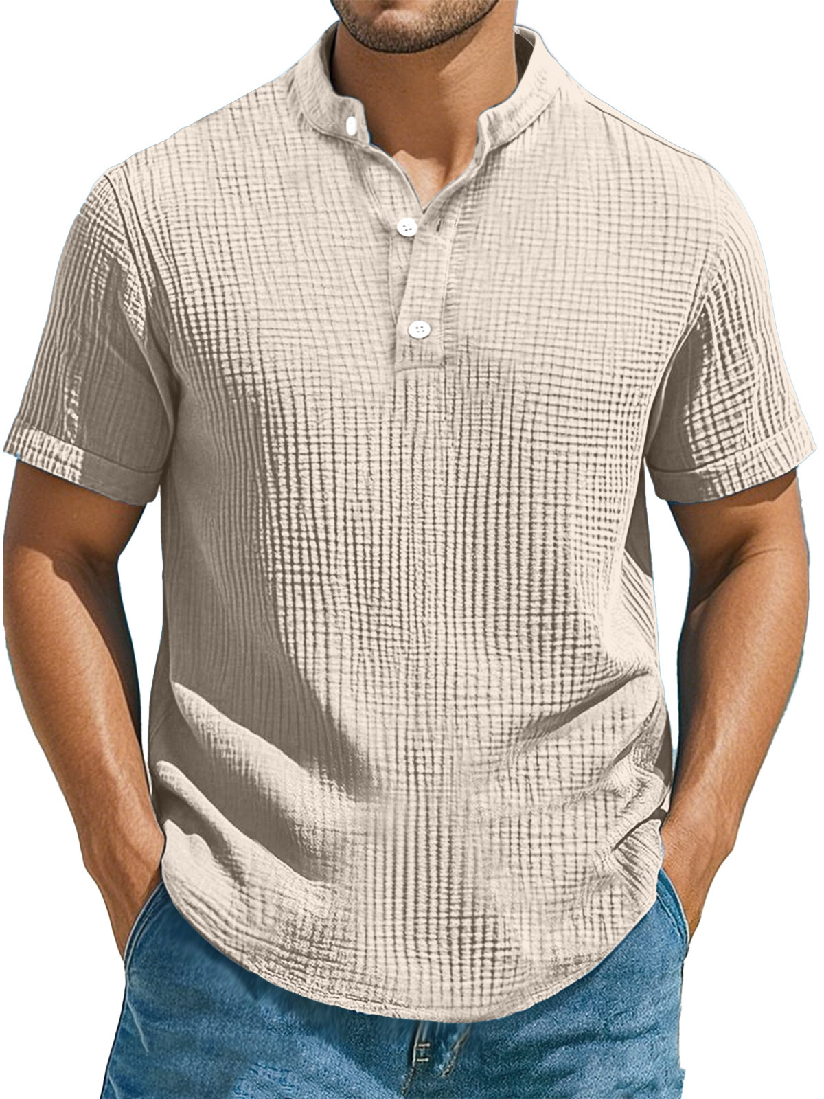 Men's Casual Solid Color Pleated Texture Short-sleeved Stand Collar Henley Shirt-retrostrom