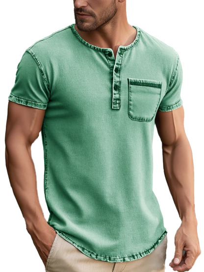 Men's Fashion Daily Distressed Fabric Pocket Short-sleeved Henley Shirt-retrostrom