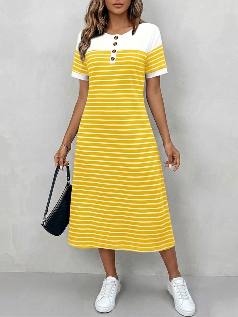 Cozy Round Neck Striped Cotton Shirt Dress-retrostrom