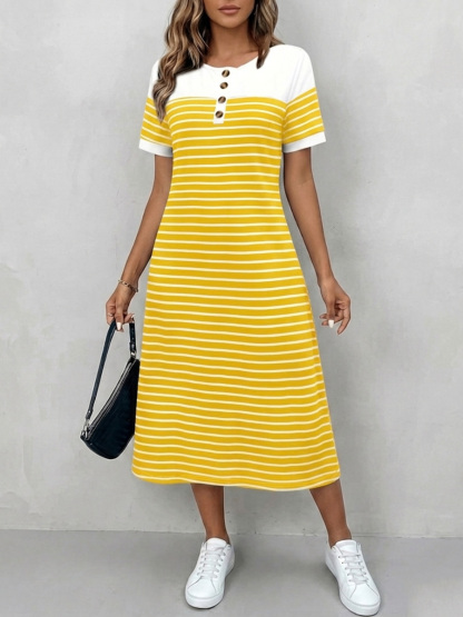 Cozy Round Neck Striped Cotton Shirt Dress-retrostrom