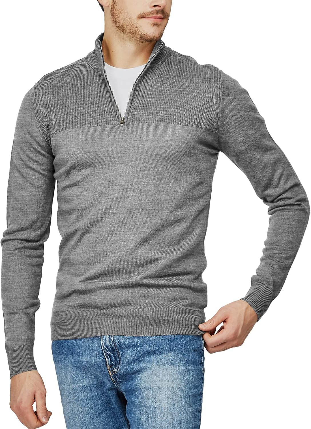 H2H Mens Casual Slim Fit Pullover Sweaters Long Sleeve Knitted Fabric Zip Up Mock Neck Polo Sweater-retrostrom