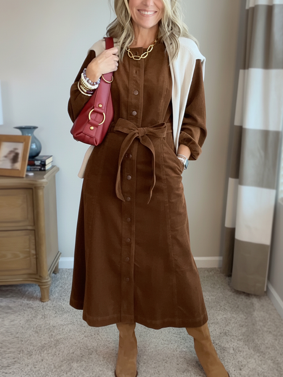 New Arrival🔥 Corduroy Shirt Dress with Tie Belt-retrostrom