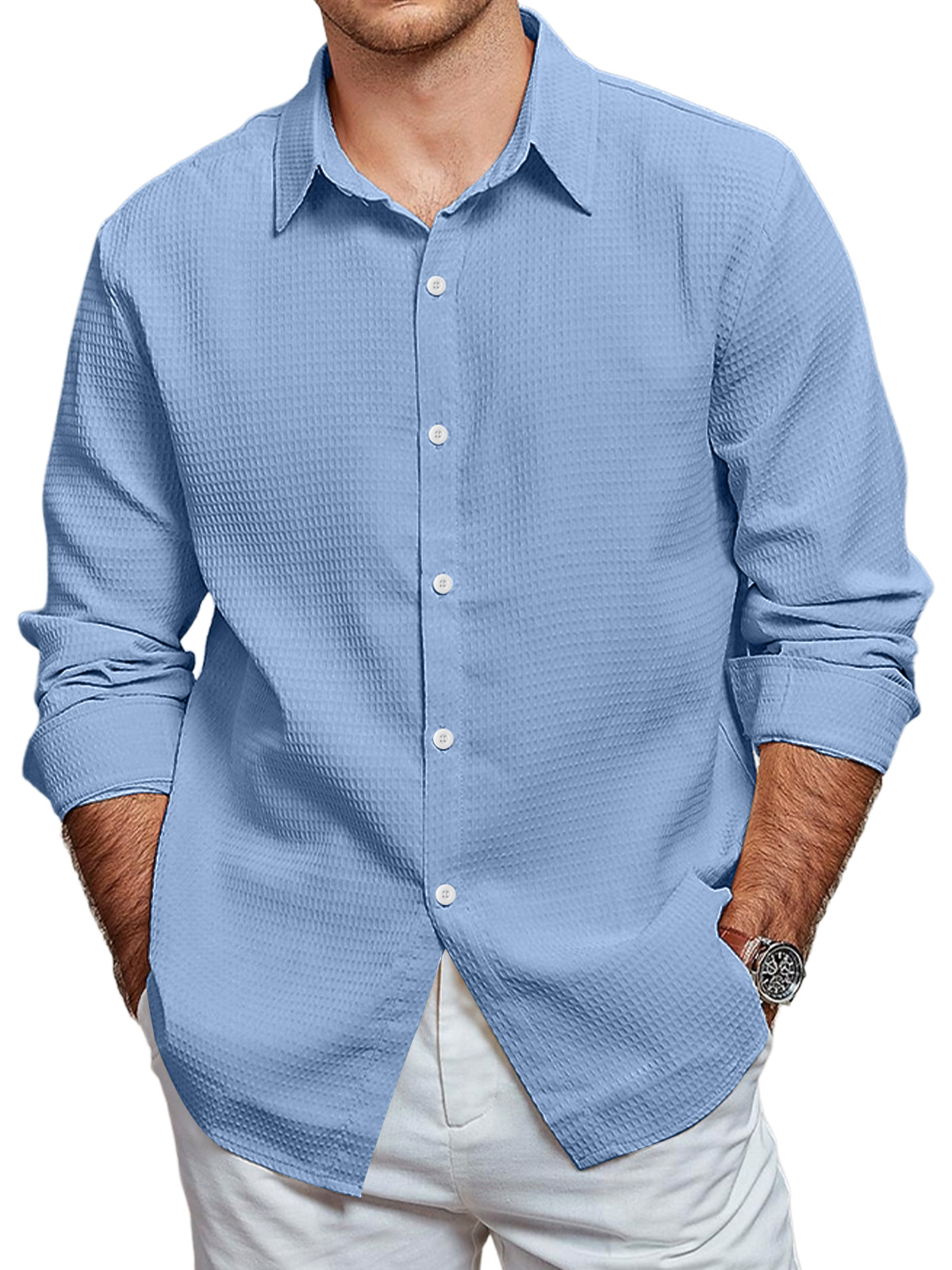 Men's Casual Waffle Solid Color Long Sleeve Shirt-retrostrom