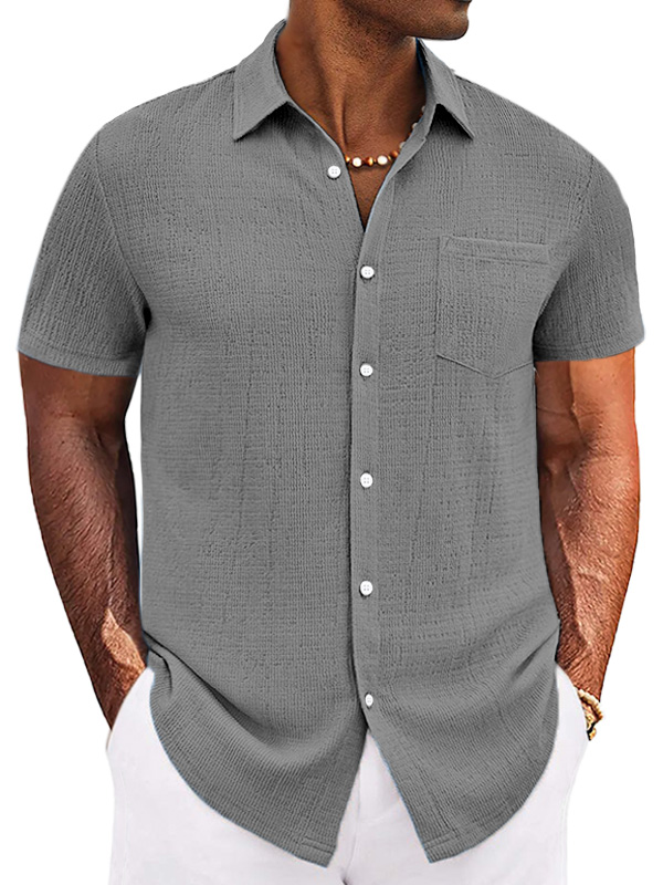 Men's Casual Simple Solid Color Texture Short-sleeved Button-down Shirt-retrostrom