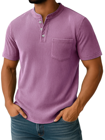 Men's Retro Stand-up Collar Ribbed Texture Vertical Stripe Pocket Casual T-shirt-retrostrom