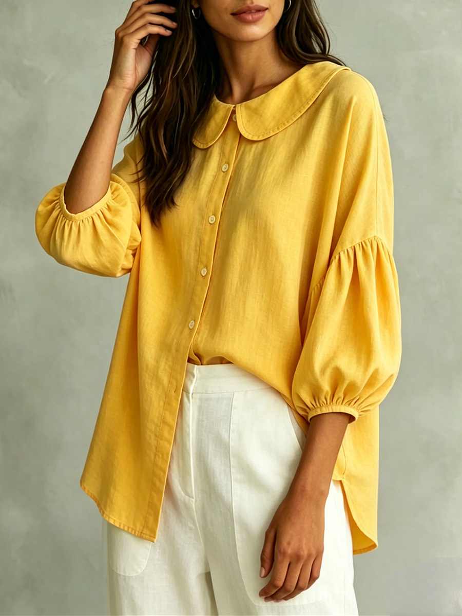 Cotton-Linen Shirt with Bell Sleeves and Peter Pan Collar