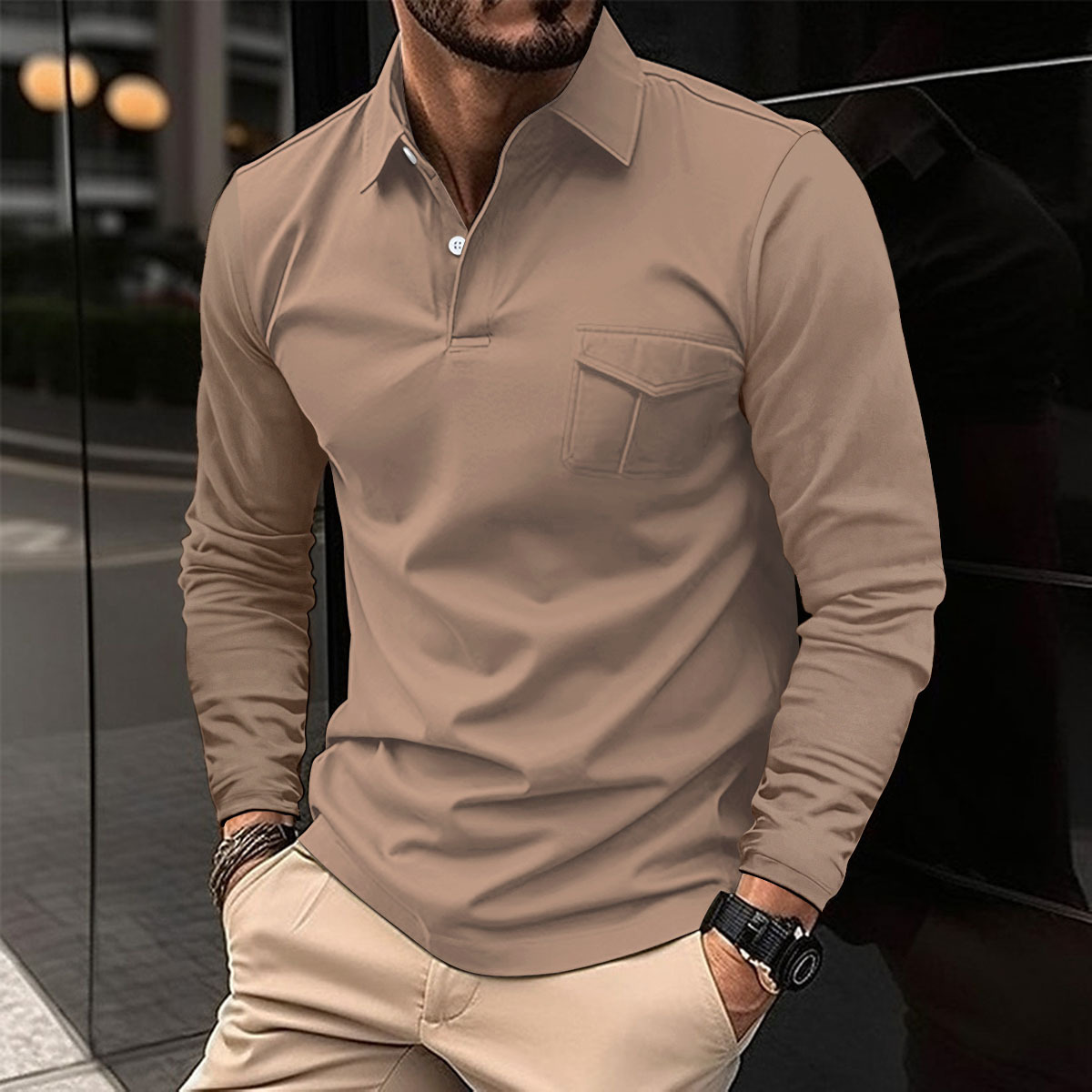 Men's Casual Lapel Polo Long Sleeve Shirt-retrostrom