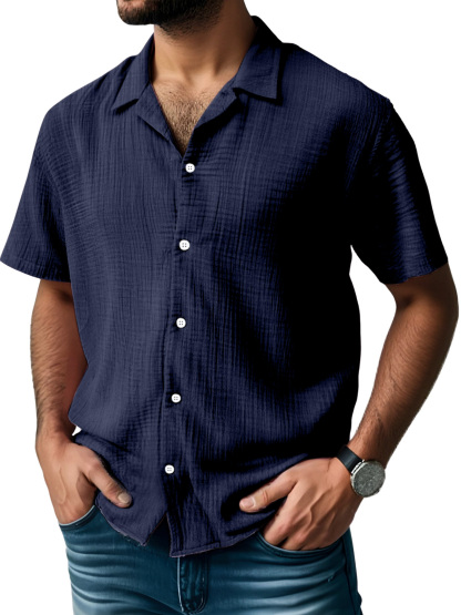 Men's Everyday Solid Color Pleated Texture Short-sleeved Shirt-retrostrom