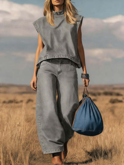 📦📦 New Arrivals🔥 Women's Stand Collar Sleeveless Casual Loose Top and High Waisted Loose Wide Leg Denim Pants Set