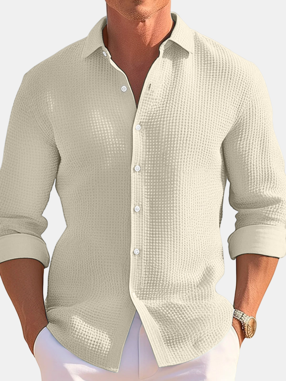 Men's Casual Loose Solid Color Waffle Long Sleeve Shirt-retrostrom