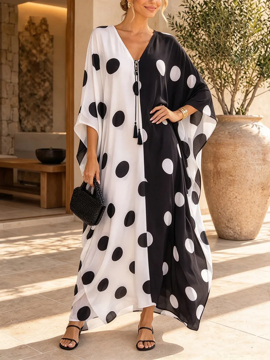 Black White Contrast Polka Dot Kaftan Maxi Dress
