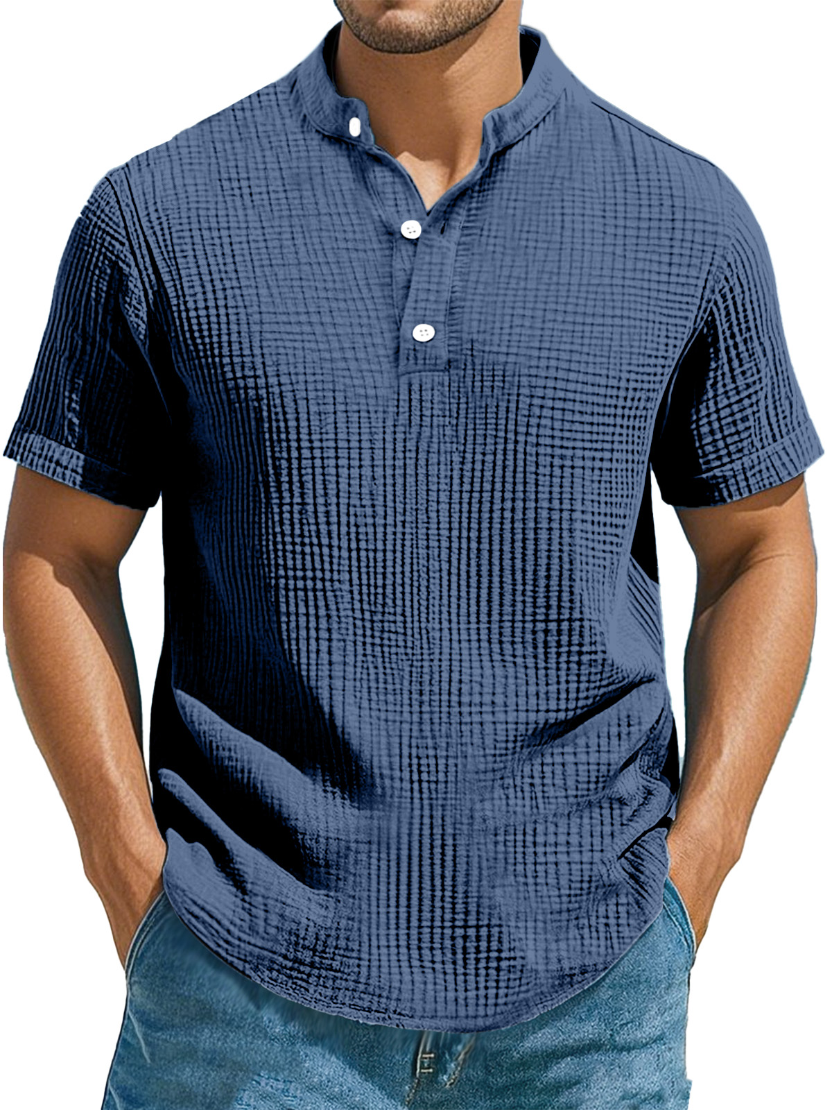 Men's Casual Solid Color Pleated Texture Short-sleeved Stand Collar Henley Shirt-retrostrom