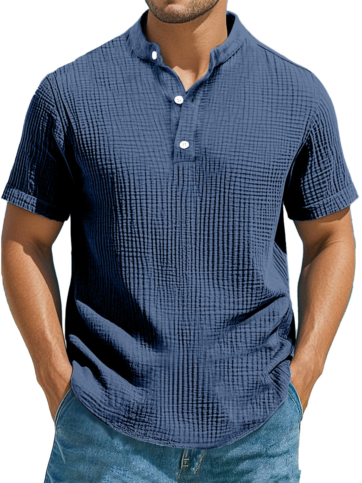 Men's Casual Solid Color Pleated Texture Short-sleeved Stand Collar Henley Shirt-retrostrom