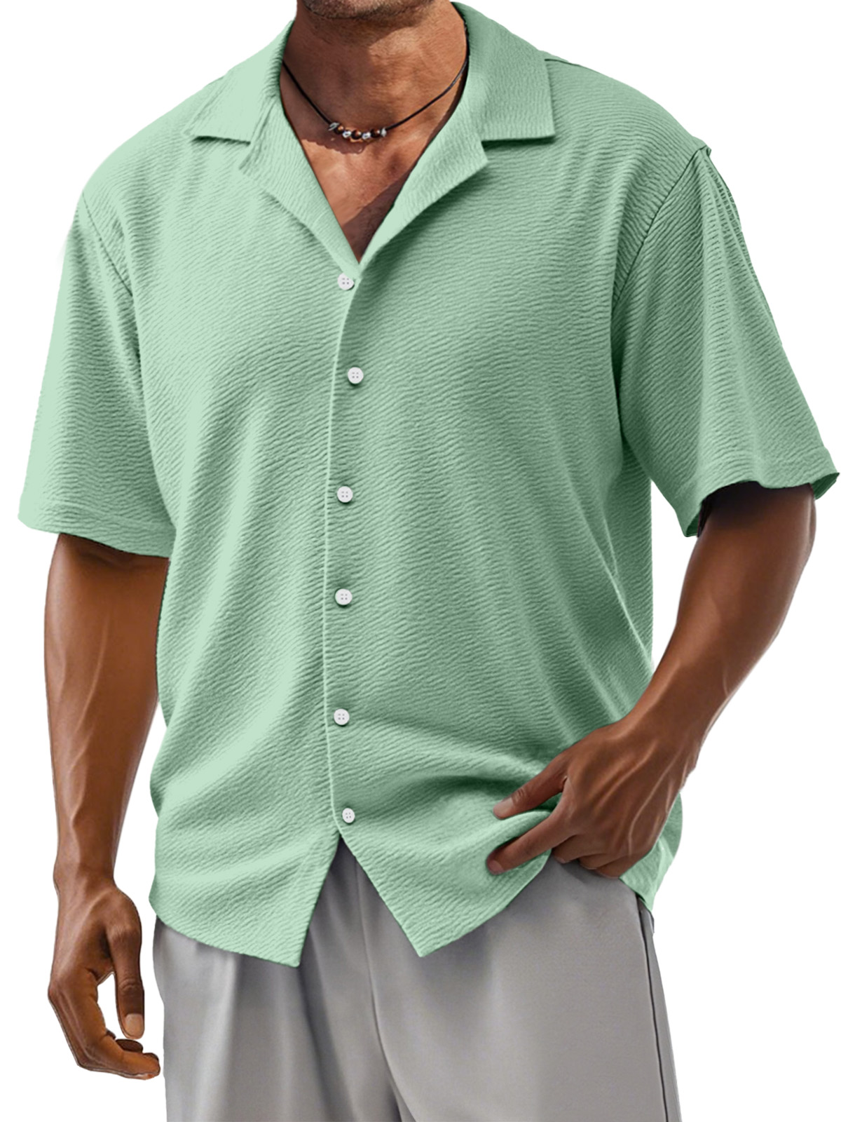 Men's Loose Solid Color Comfortable Texture Short-Sleeved Cuban Collar Shirt-retrostrom