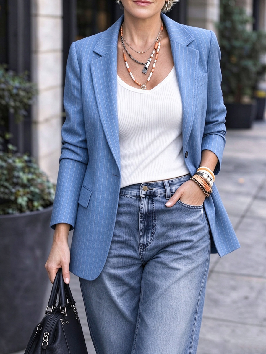 New Arrivals 🔥 Women’s Pinstripe Notched Lapel Long Blazer Jacket