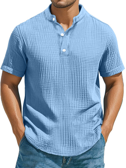 Men's Casual Solid Color Pleated Texture Short-sleeved Stand Collar Henley Shirt-retrostrom