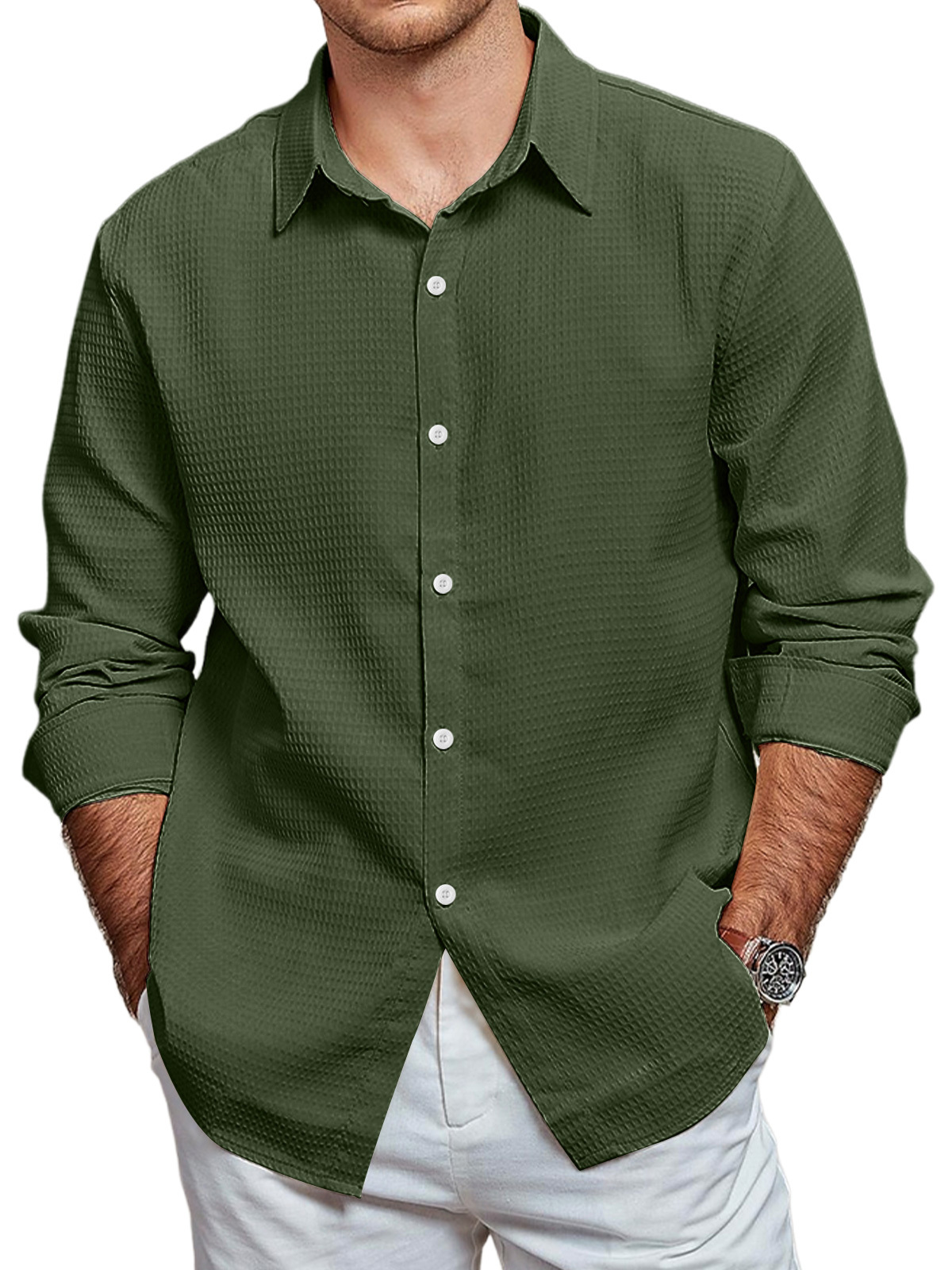 Men's Casual Waffle Solid Color Long Sleeve Shirt-retrostrom