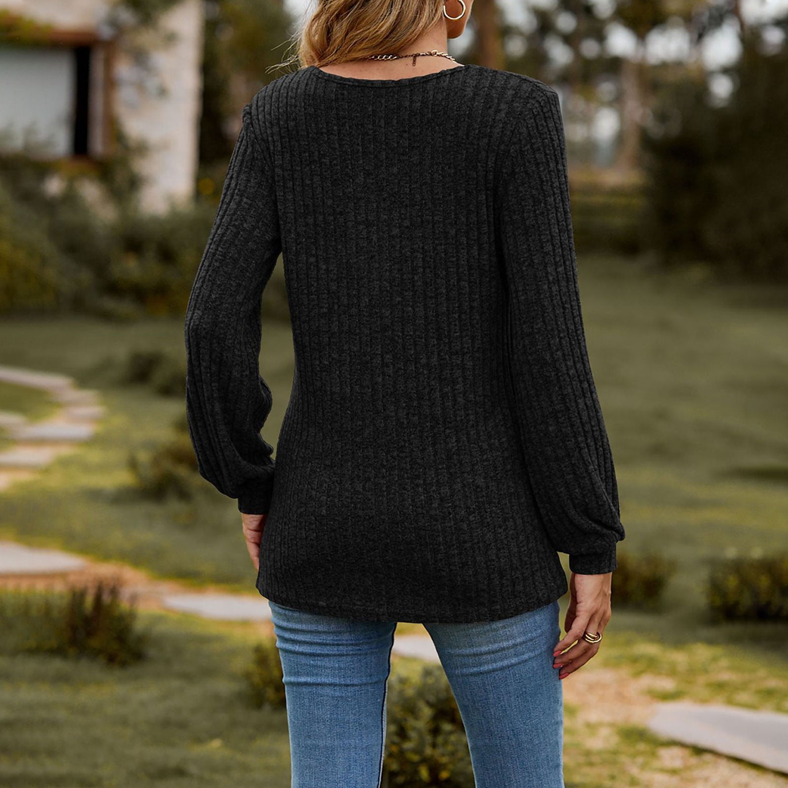 Women's Fall Button Scoop Neck Puff Long Sleeve Henley Shirts-retrostrom