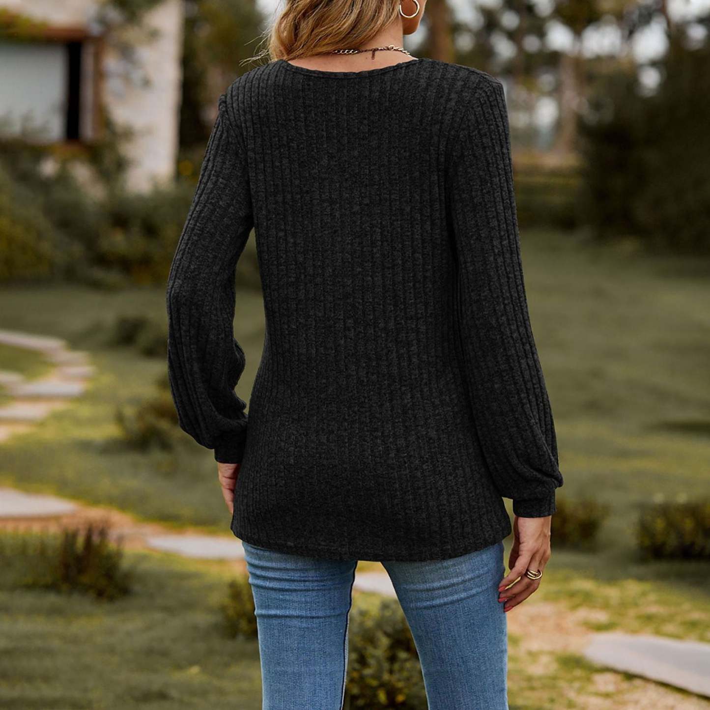 Women's Fall Button Scoop Neck Puff Long Sleeve Henley Shirts-retrostrom