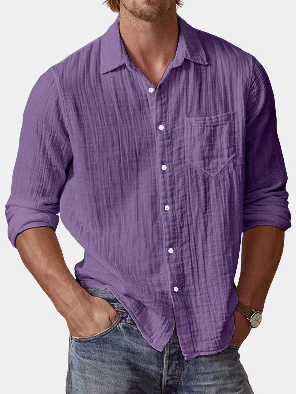 Men's Casual Textured Solid Color Comfortable Puff Wrinkle Long Sleeve Shirt-retrostrom