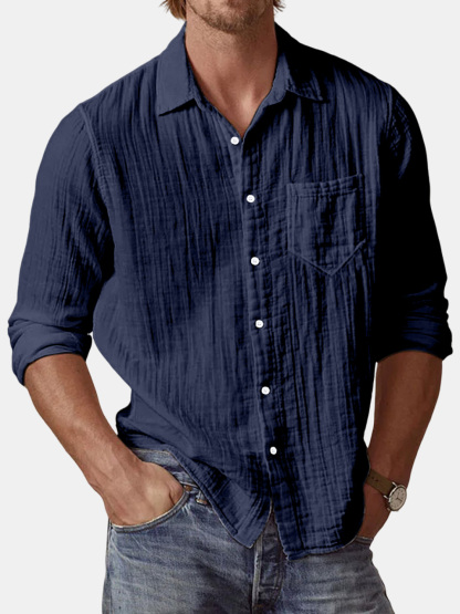 Men's Casual Textured Solid Color Comfortable Puff Wrinkle Long Sleeve Shirt-retrostrom