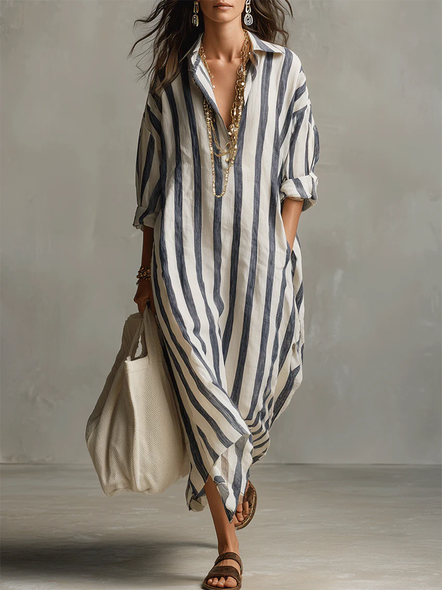 Casual And Cozy Striped Linen-cotton Dress-retrostrom