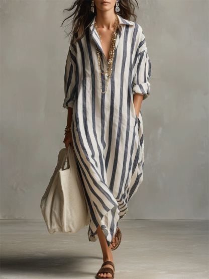 Casual And Cozy Striped Linen-cotton Dress-retrostrom