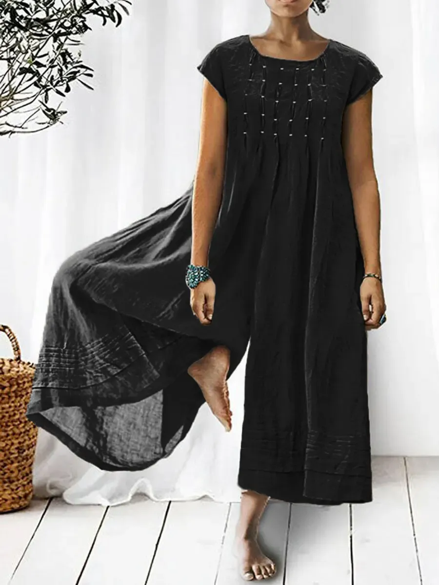 💝💝Women's Solid Color Art Casual Short Sleeve Cotton Linen Jumpsuit