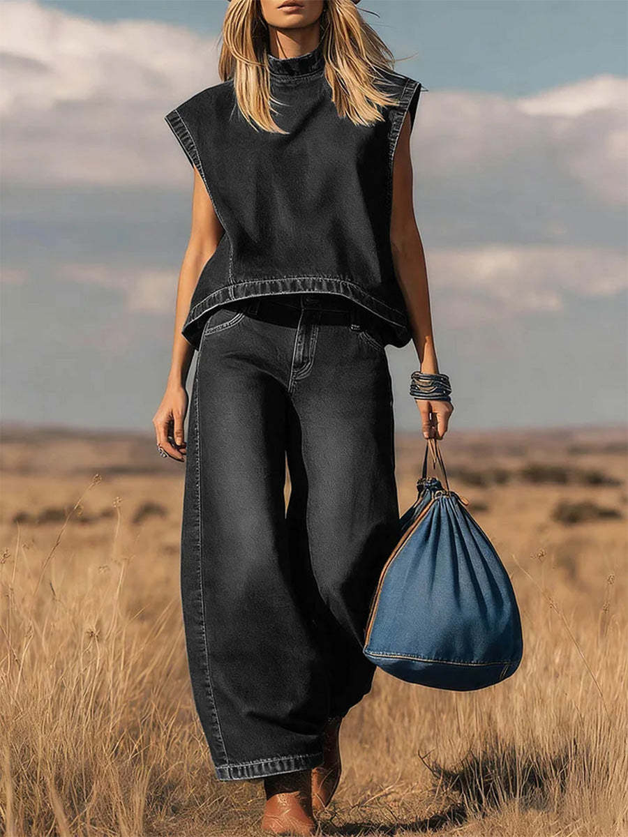 📦📦 New Arrivals🔥 Women's Stand Collar Sleeveless Casual Loose Top and High Waisted Loose Wide Leg Denim Pants Set