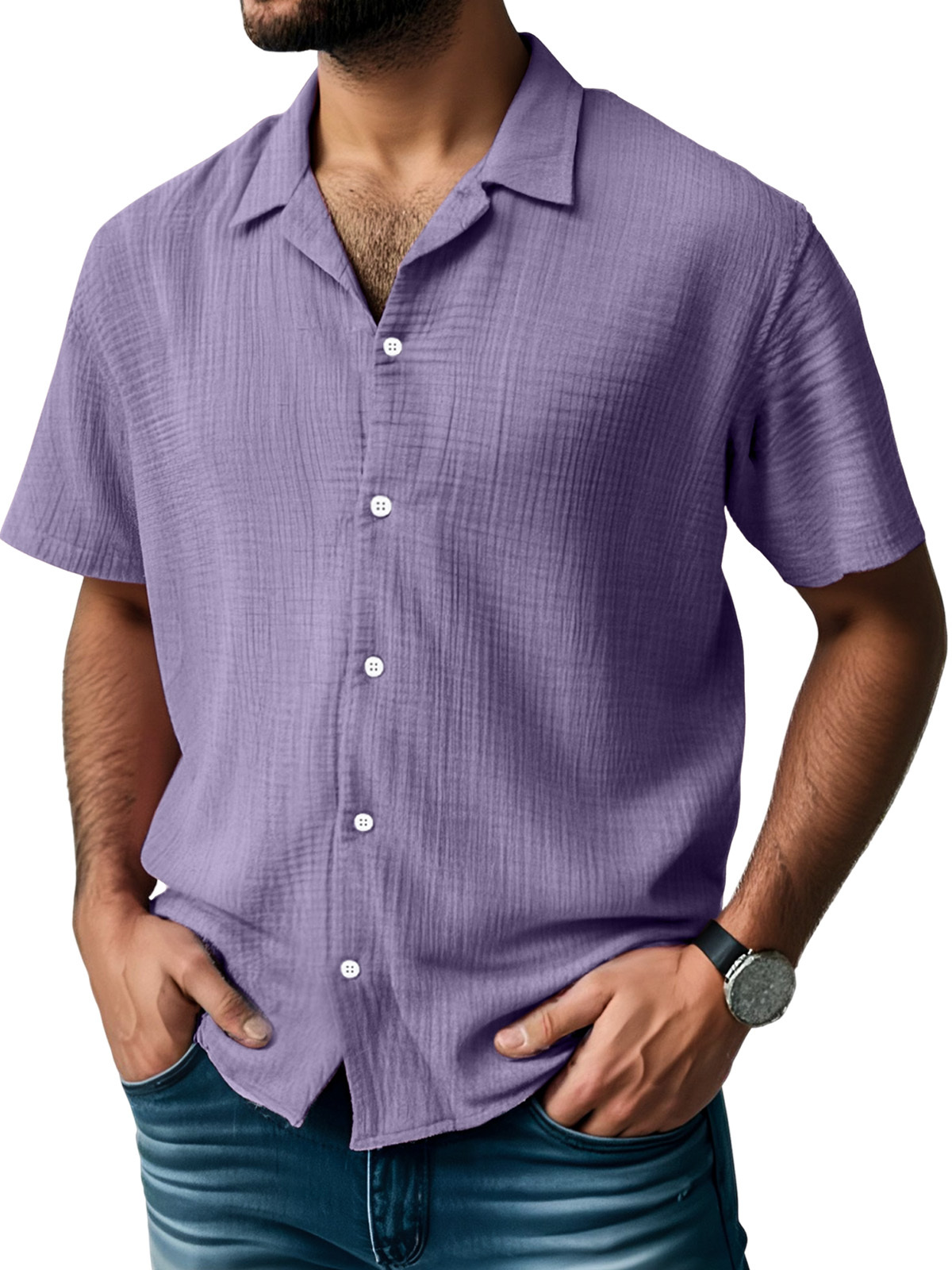 Men's Everyday Solid Color Pleated Texture Short-sleeved Shirt-retrostrom