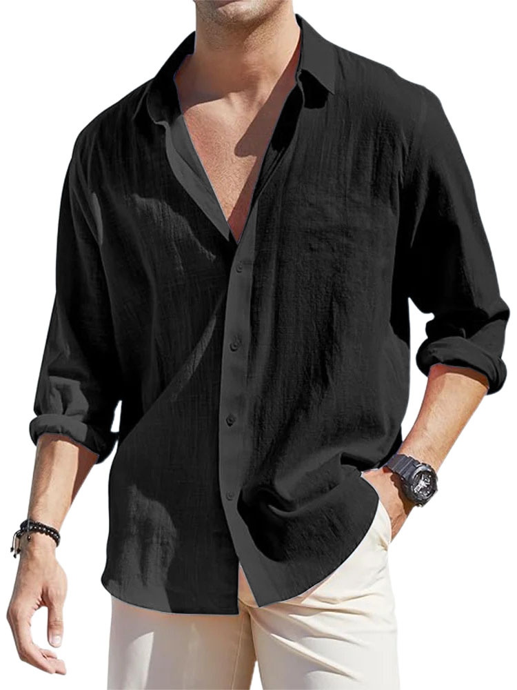 Men's Casual Loose Basic Cotton And Linen Long-sleeved Shirt-retrostrom